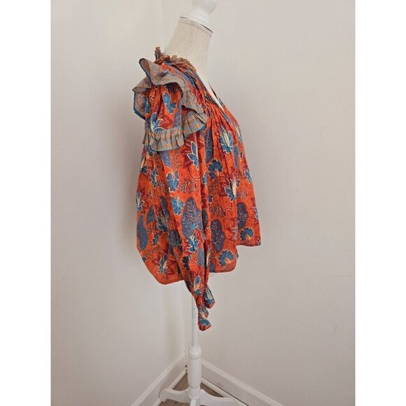 Bindu Sabrina Floral Cotton Ruffle Balloon Long Sleeves Blouse Top Shirt XS Boho - Picture 8 of 14